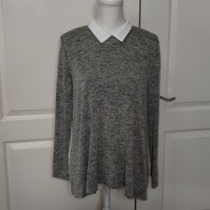 LUSH Women's Blouse Medium Gray White Long Sleeve Sheer Back Stretch